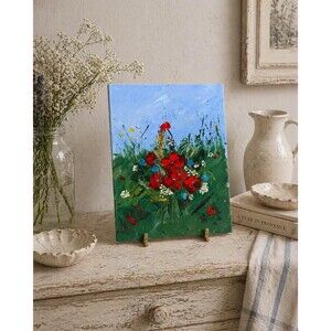 Red Poppy Painting, Wildflower Bouquet Art, Original Acrylic on Canvas 9x12